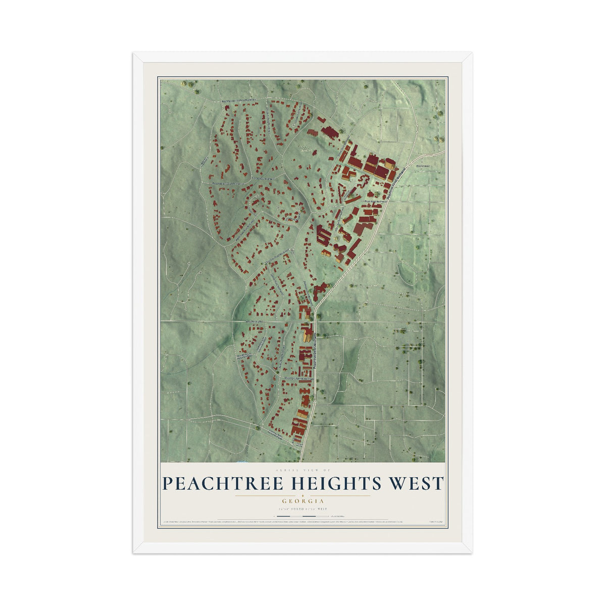 Peachtree Heights West, Georgia map print, 12" x 18" W/ White Ayous Wood Frame mockup