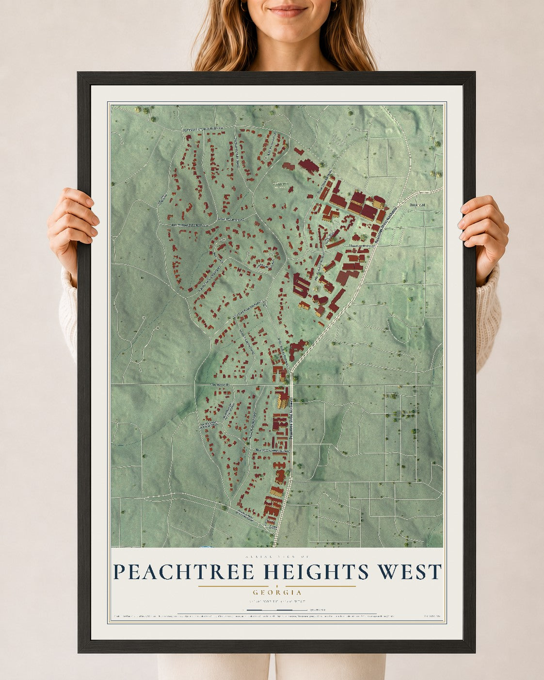 Peachtree Heights West, Georgia map print, 24" x 36" W/ Black Ayous Wood Frame mockup