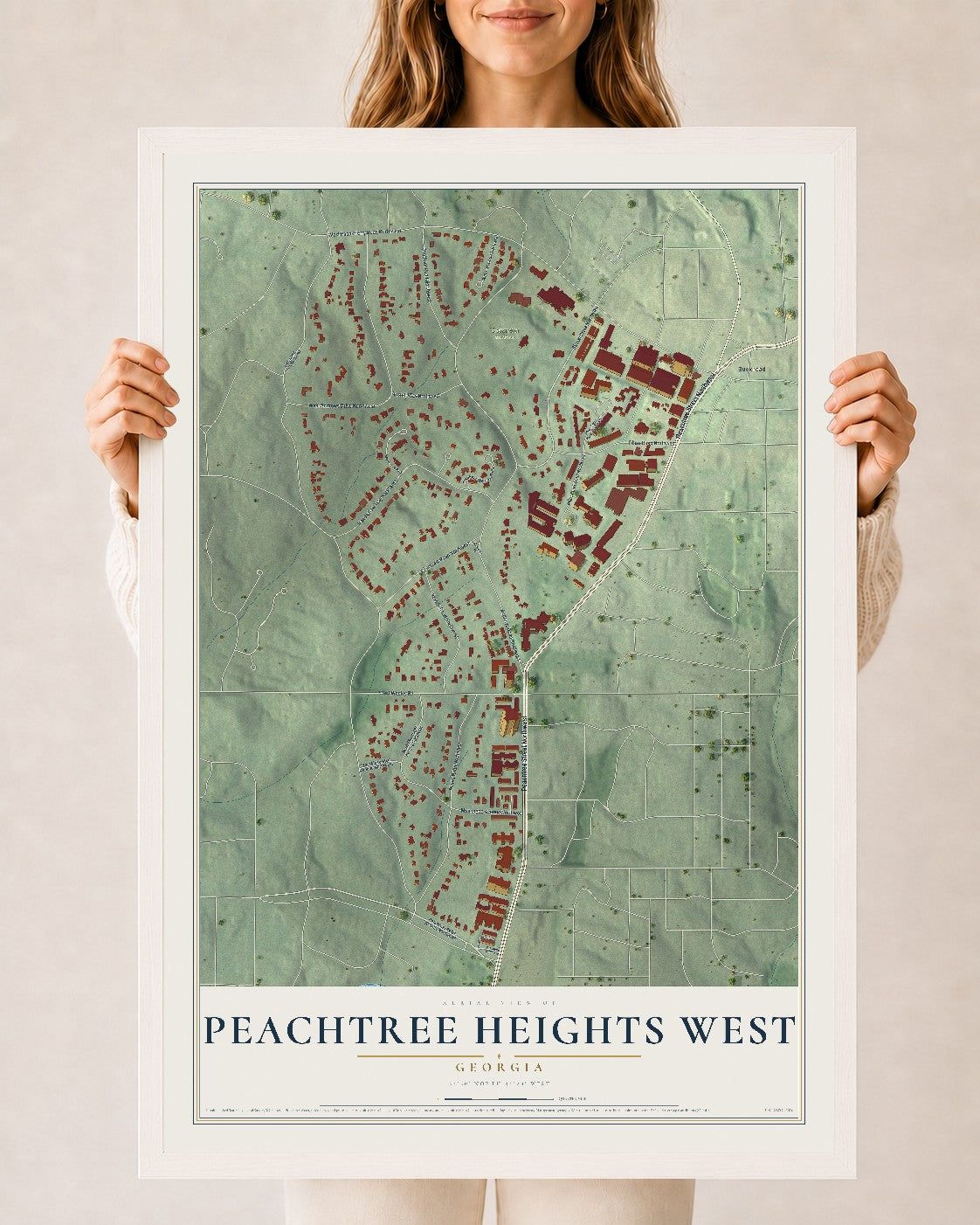 Peachtree Heights West, Georgia map print, 24" x 36" W/ White Ayous Wood Frame mockup