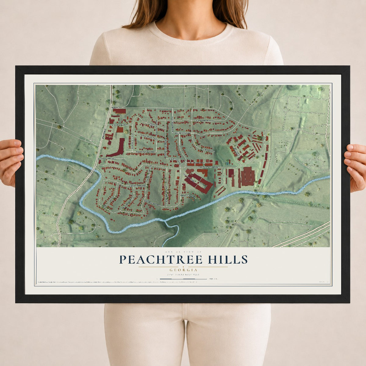 Peachtree Hills, Georgia map print, 18" x 24" W/ Black Ayous Wood Frame mockup