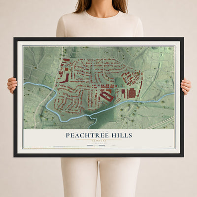Peachtree Hills, Georgia map print, 24" x 36" W/ Black Ayous Wood Frame mockup