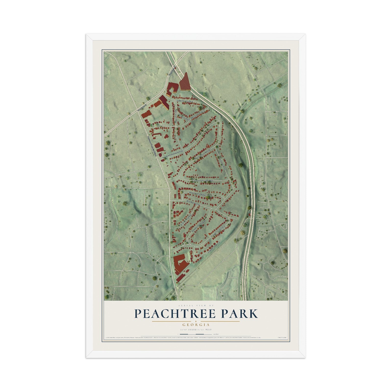 Peachtree Park, Georgia map print, 12" x 18" W/ White Ayous Wood Frame mockup