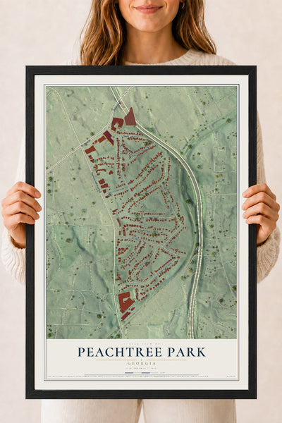 Peachtree Park, Georgia map print, 18" x 24" W/ Black Ayous Wood Frame mockup