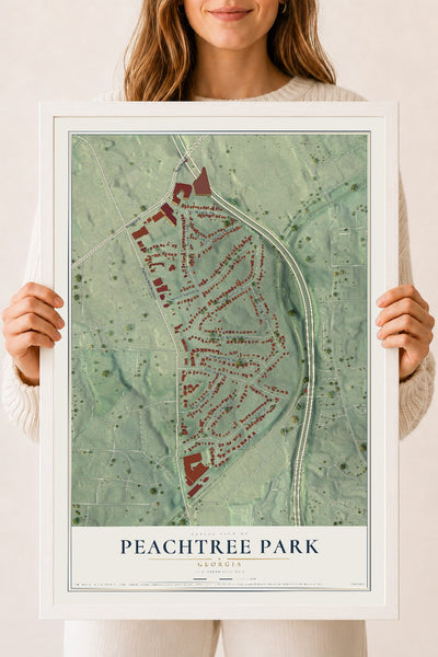 Peachtree Park, Georgia map print, 18" x 24" W/ White Ayous Wood Frame mockup