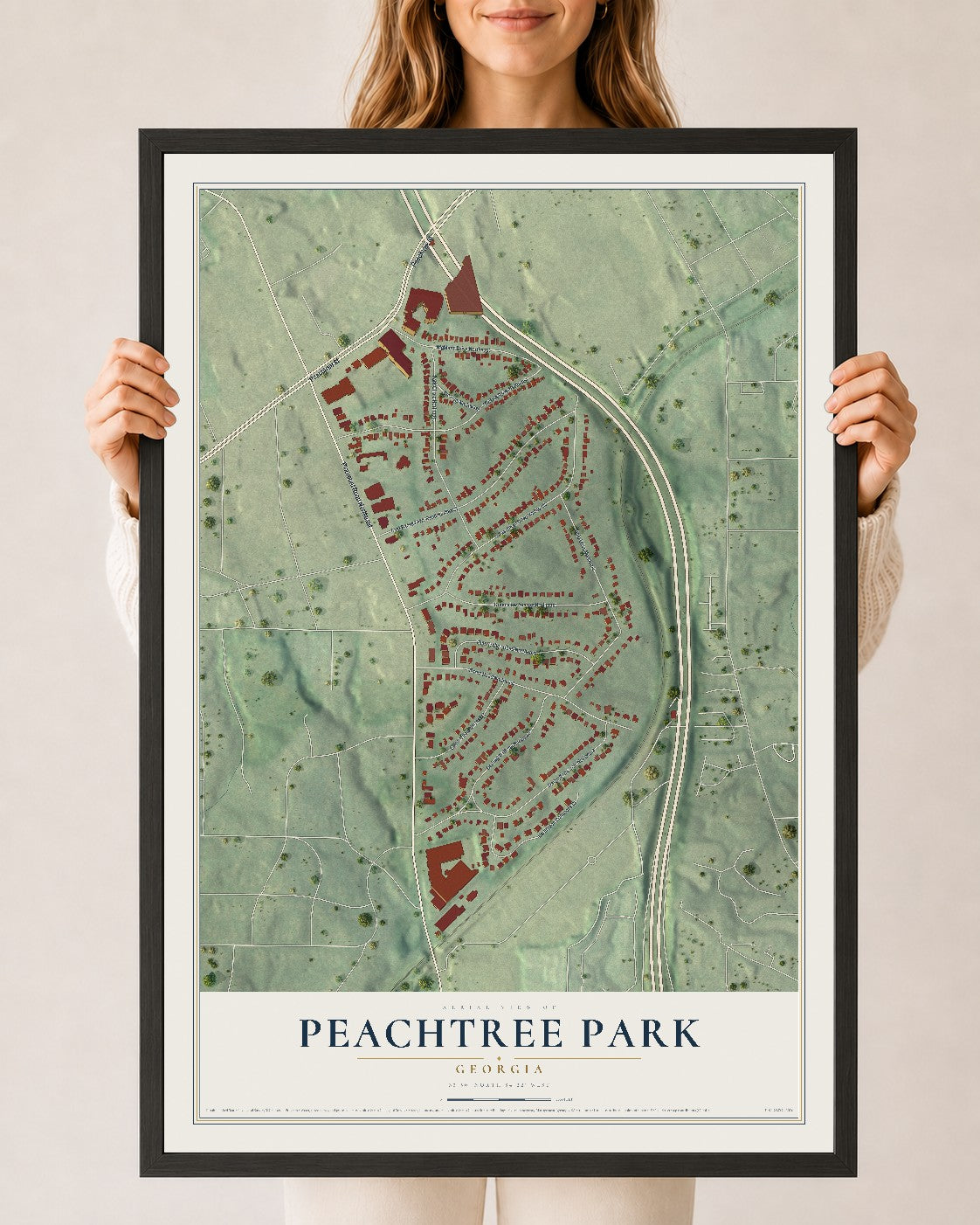 Peachtree Park, Georgia map print, 24" x 36" W/ Black Ayous Wood Frame mockup