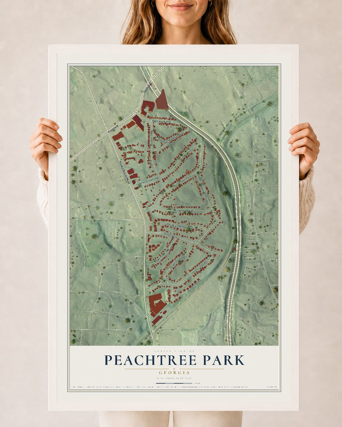 Peachtree Park, Georgia map print, 24" x 36" W/ White Ayous Wood Frame mockup