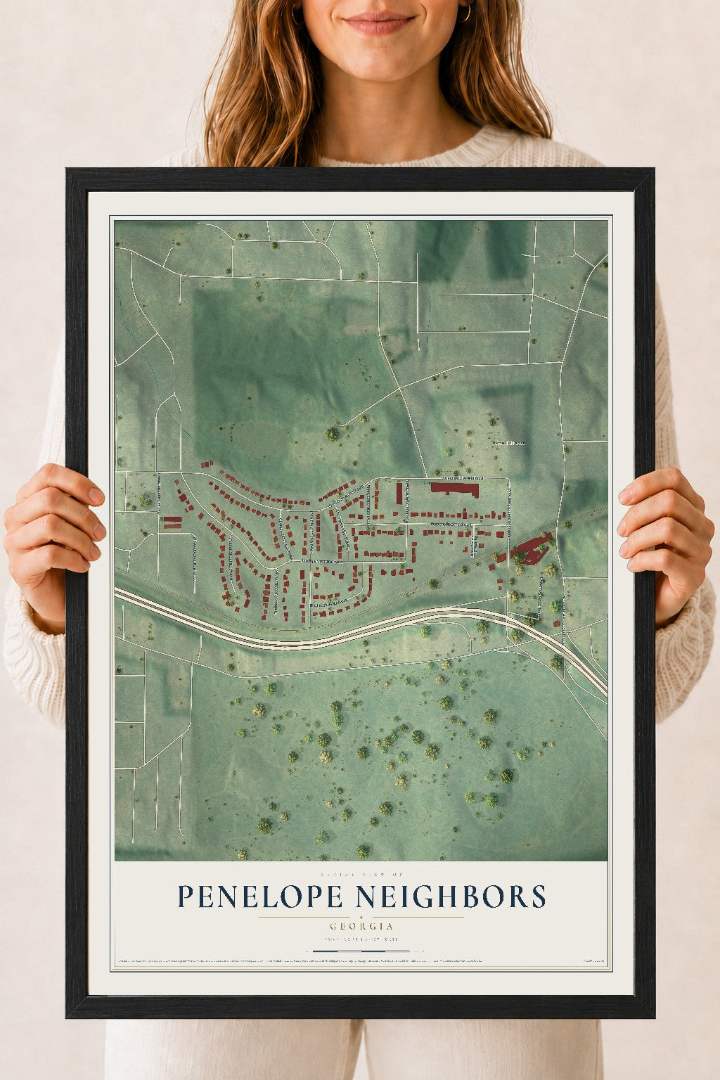 Penelope Neighbors, Georgia map print, 18" x 24" W/ Black Ayous Wood Frame mockup