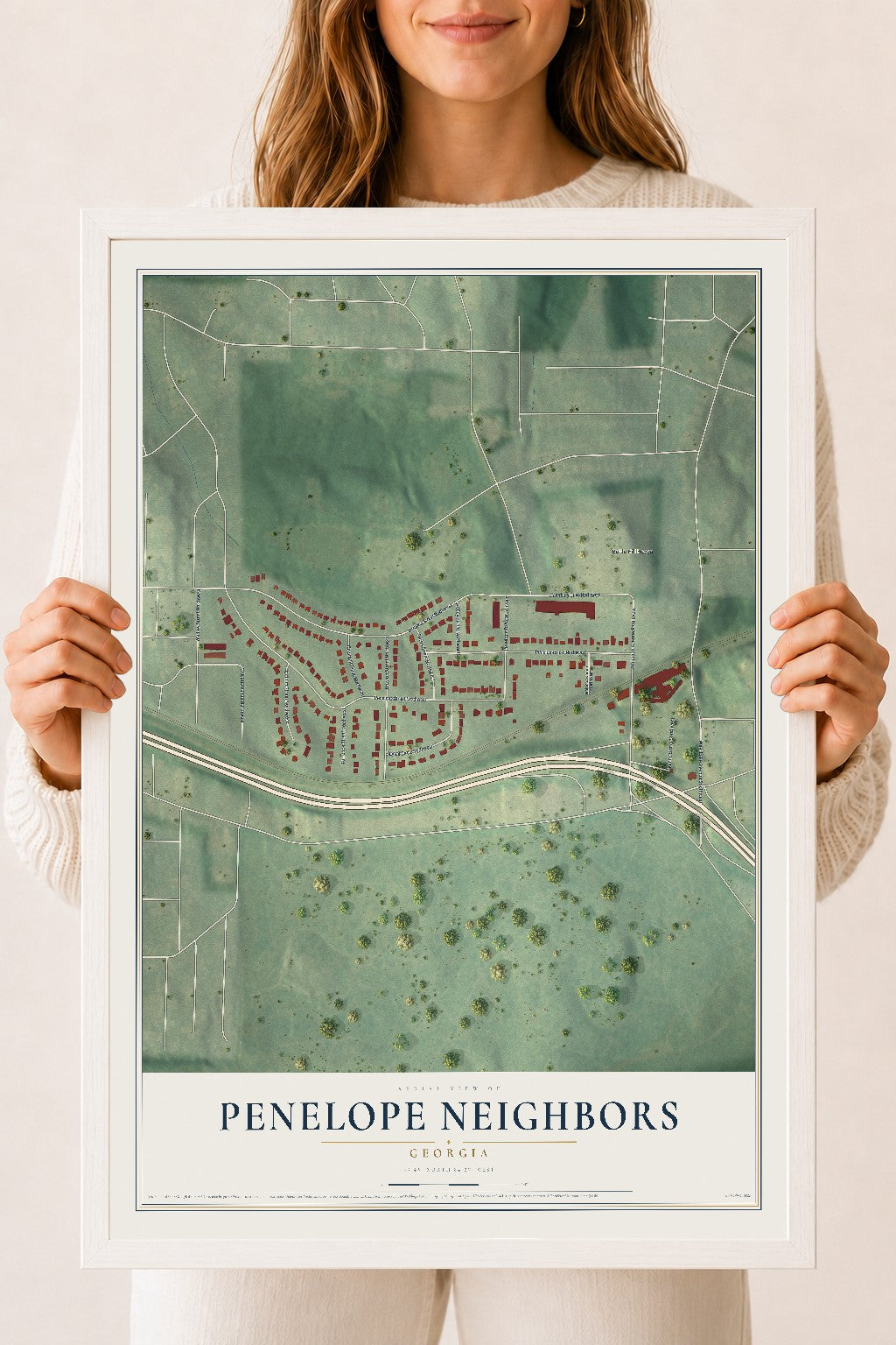 Penelope Neighbors, Georgia map print, 18" x 24" W/ White Ayous Wood Frame mockup