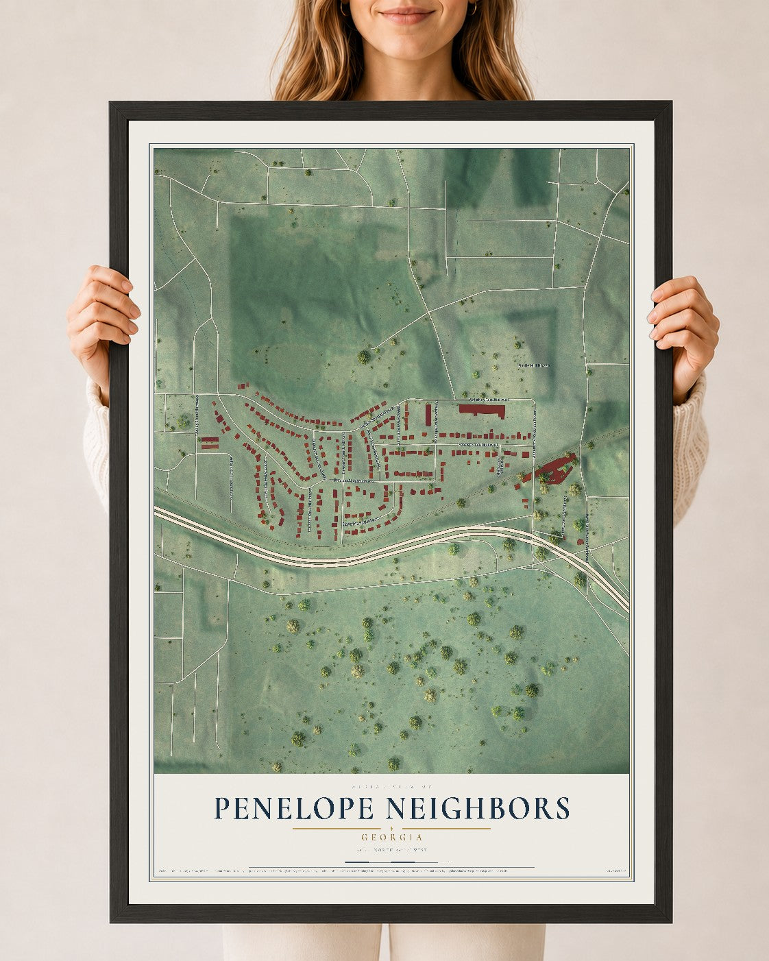 Penelope Neighbors, Georgia map print, 24" x 36" W/ Black Ayous Wood Frame mockup