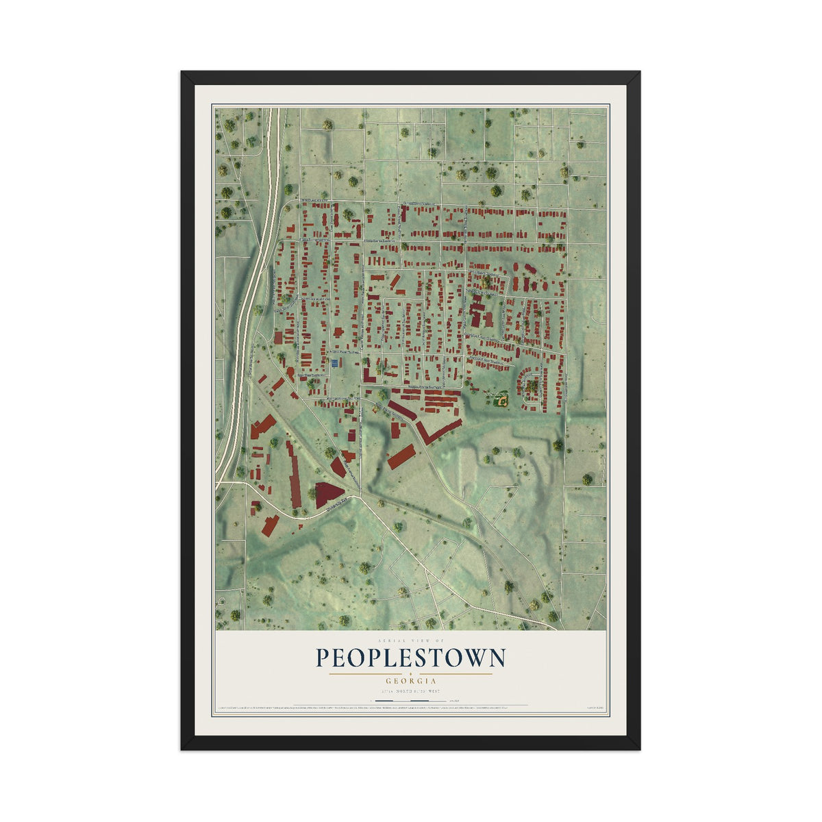 Peoplestown, Georgia map print, 12" x 18" W/ Black Ayous Wood Frame mockup