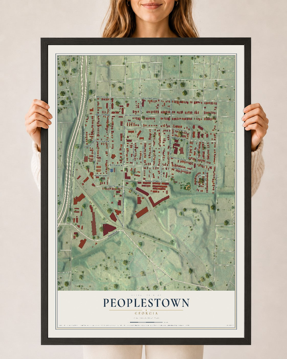Peoplestown, Georgia map print, 24" x 36" W/ Black Ayous Wood Frame mockup