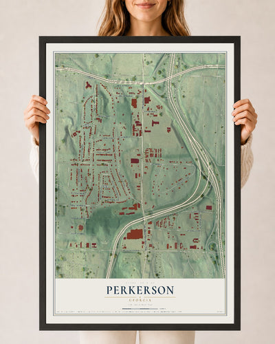 Perkerson, Georgia map print, 24" x 36" W/ Black Ayous Wood Frame mockup