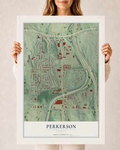 Perkerson, Georgia map print, 24" x 36" W/ White Ayous Wood Frame mockup