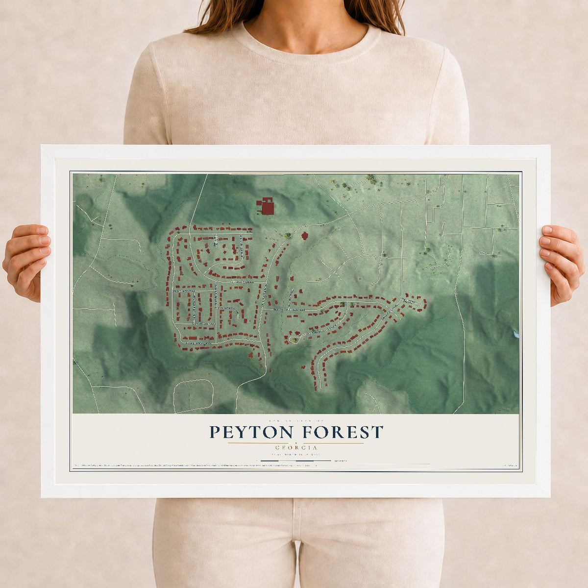 Peyton Forest, Georgia map print, 12" x 18" W/ White Ayous Wood Frame mockup
