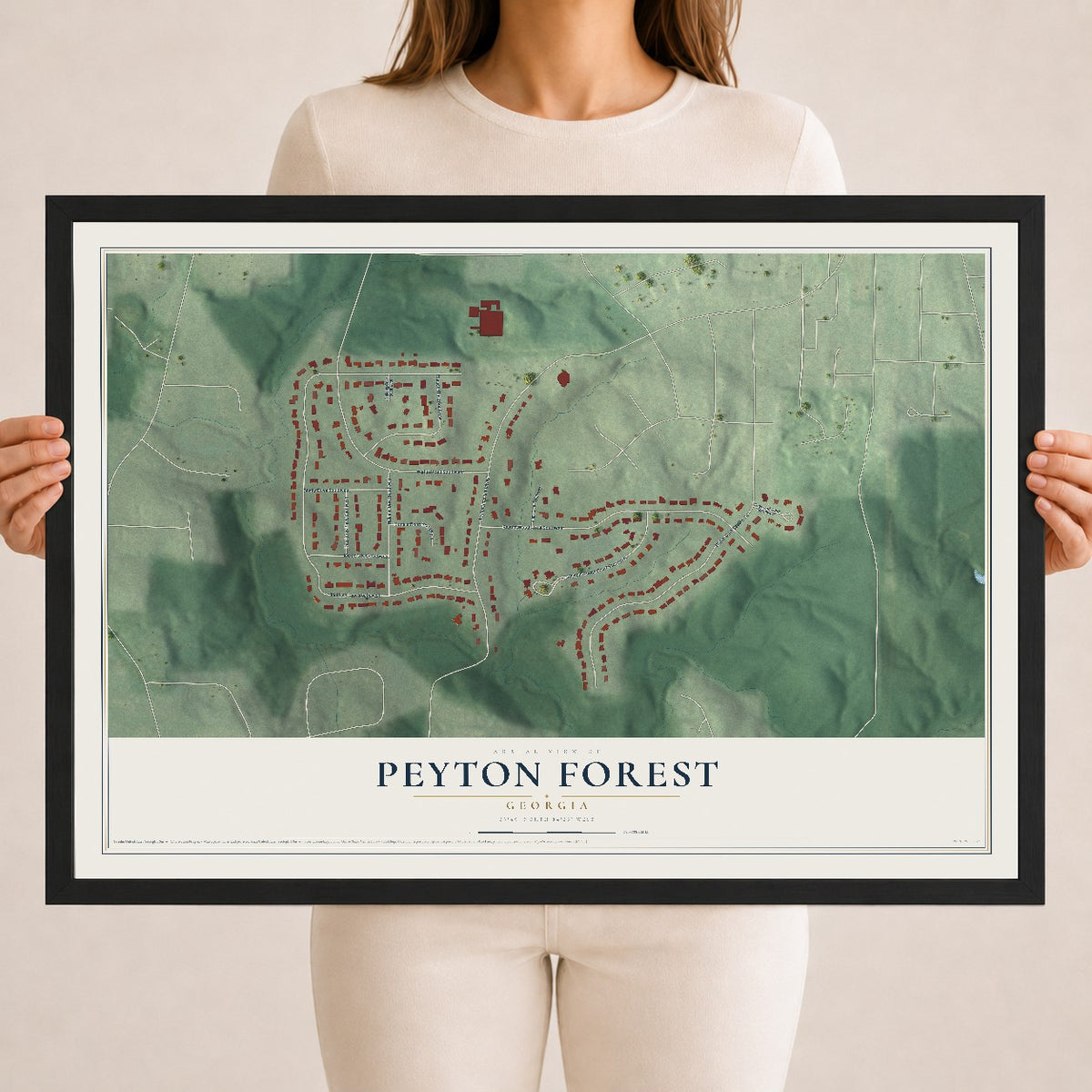 Peyton Forest, Georgia map print, 18" x 24" W/ Black Ayous Wood Frame mockup