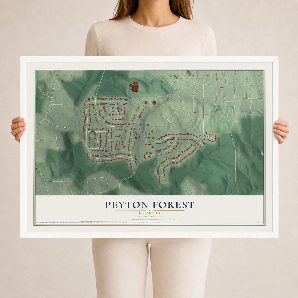 Peyton Forest, Georgia map print, 24" x 36" W/ White Ayous Wood Frame mockup