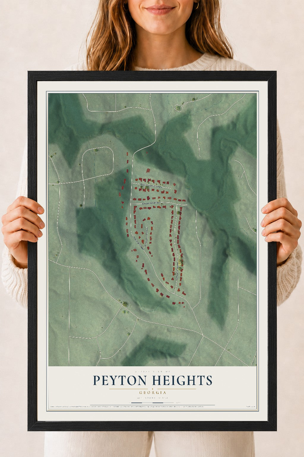 Peyton Heights, Georgia map print, 18" x 24" W/ Black Ayous Wood Frame mockup