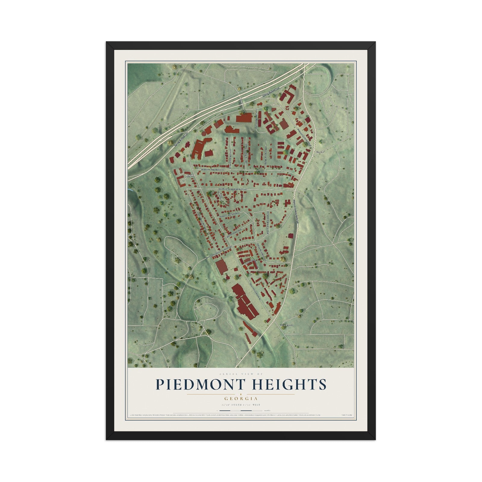 Piedmont Heights, Georgia map print, 12" x 18" W/ Black Ayous Wood Frame mockup
