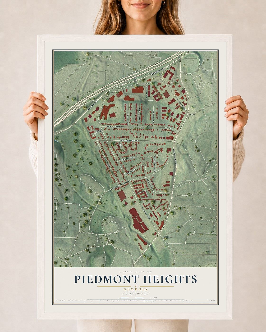 Piedmont Heights, Georgia map print, 24" x 36" W/ White Ayous Wood Frame mockup