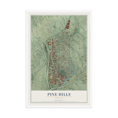 Pine Hills, Georgia map print, 12" x 18" W/ White Ayous Wood Frame mockup