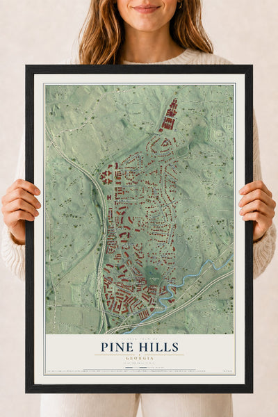 Pine Hills, Georgia map print, 18" x 24" W/ Black Ayous Wood Frame mockup