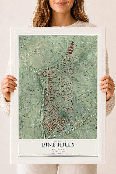 Pine Hills, Georgia map print, 18" x 24" W/ White Ayous Wood Frame mockup
