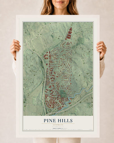 Pine Hills, Georgia map print, 24" x 36" W/ White Ayous Wood Frame mockup