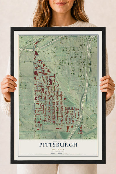 Pittsburgh, Georgia map print, 18" x 24" W/ Black Ayous Wood Frame mockup