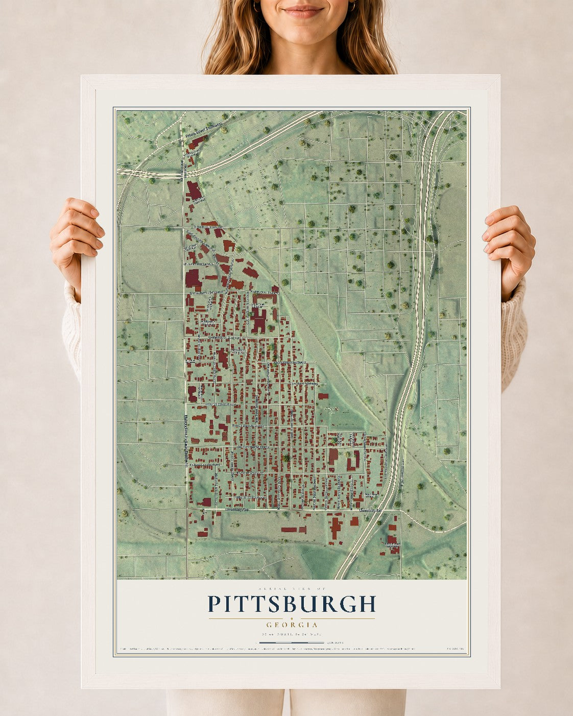 Pittsburgh, Georgia map print, 24" x 36" W/ White Ayous Wood Frame mockup