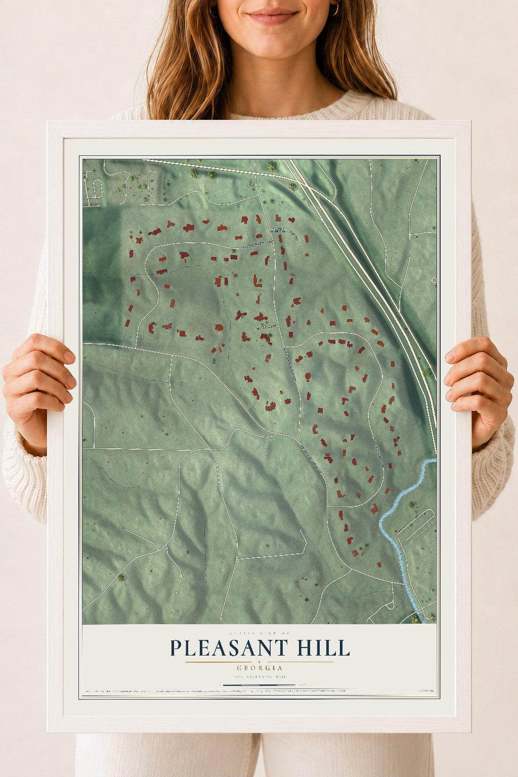 Pleasant Hill, Georgia map print, 18" x 24" W/ White Ayous Wood Frame mockup
