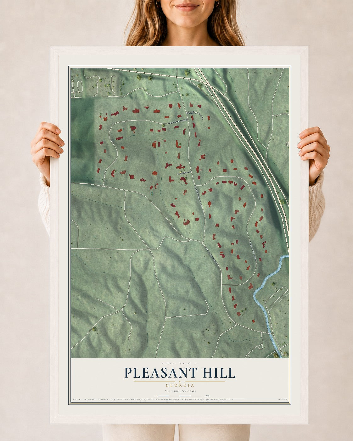 Pleasant Hill, Georgia map print, 24" x 36" W/ White Ayous Wood Frame mockup