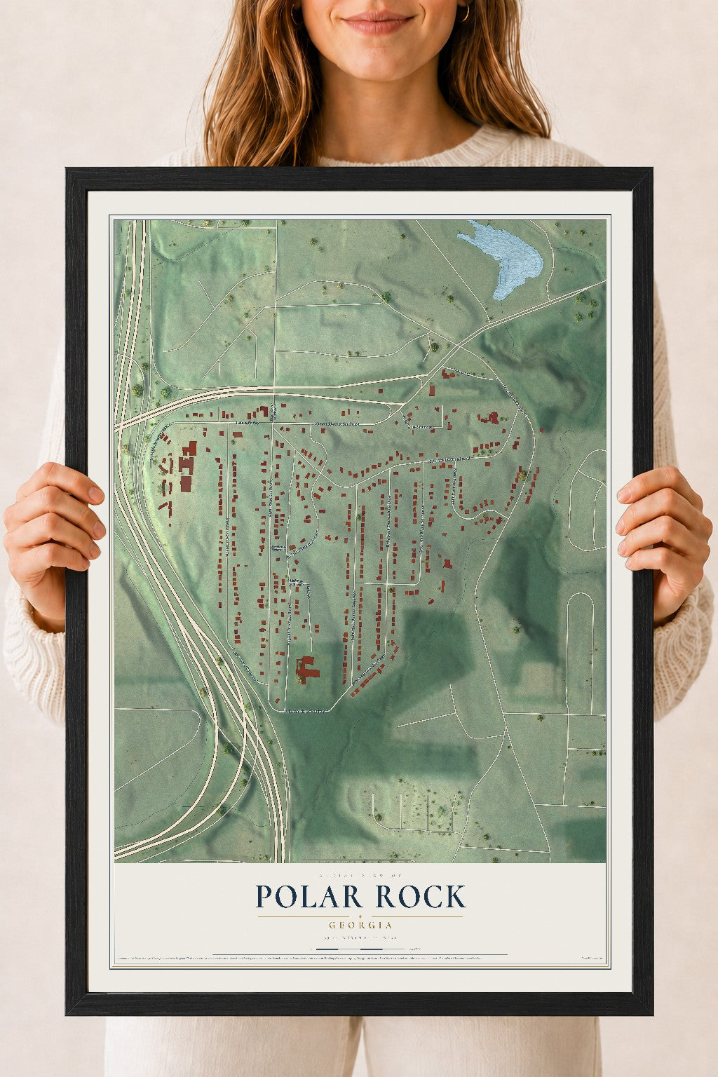 Polar Rock, Georgia map print, 18" x 24" W/ Black Ayous Wood Frame mockup