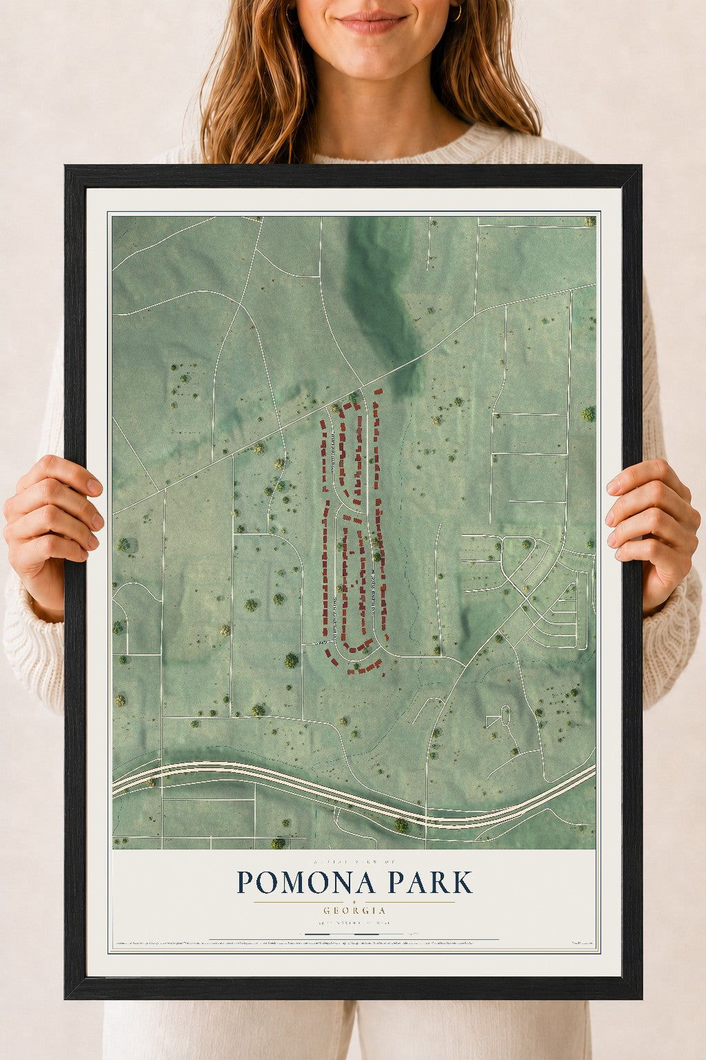 Pomona Park, Georgia map print, 18" x 24" W/ Black Ayous Wood Frame mockup