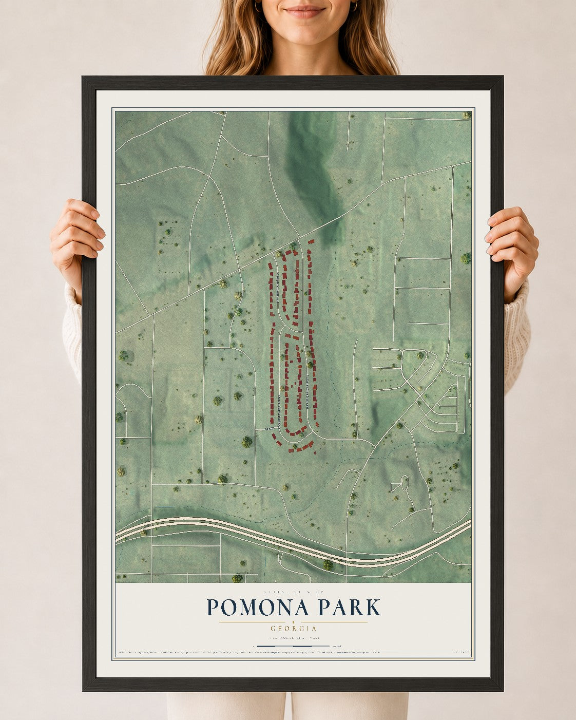 Pomona Park, Georgia map print, 24" x 36" W/ Black Ayous Wood Frame mockup