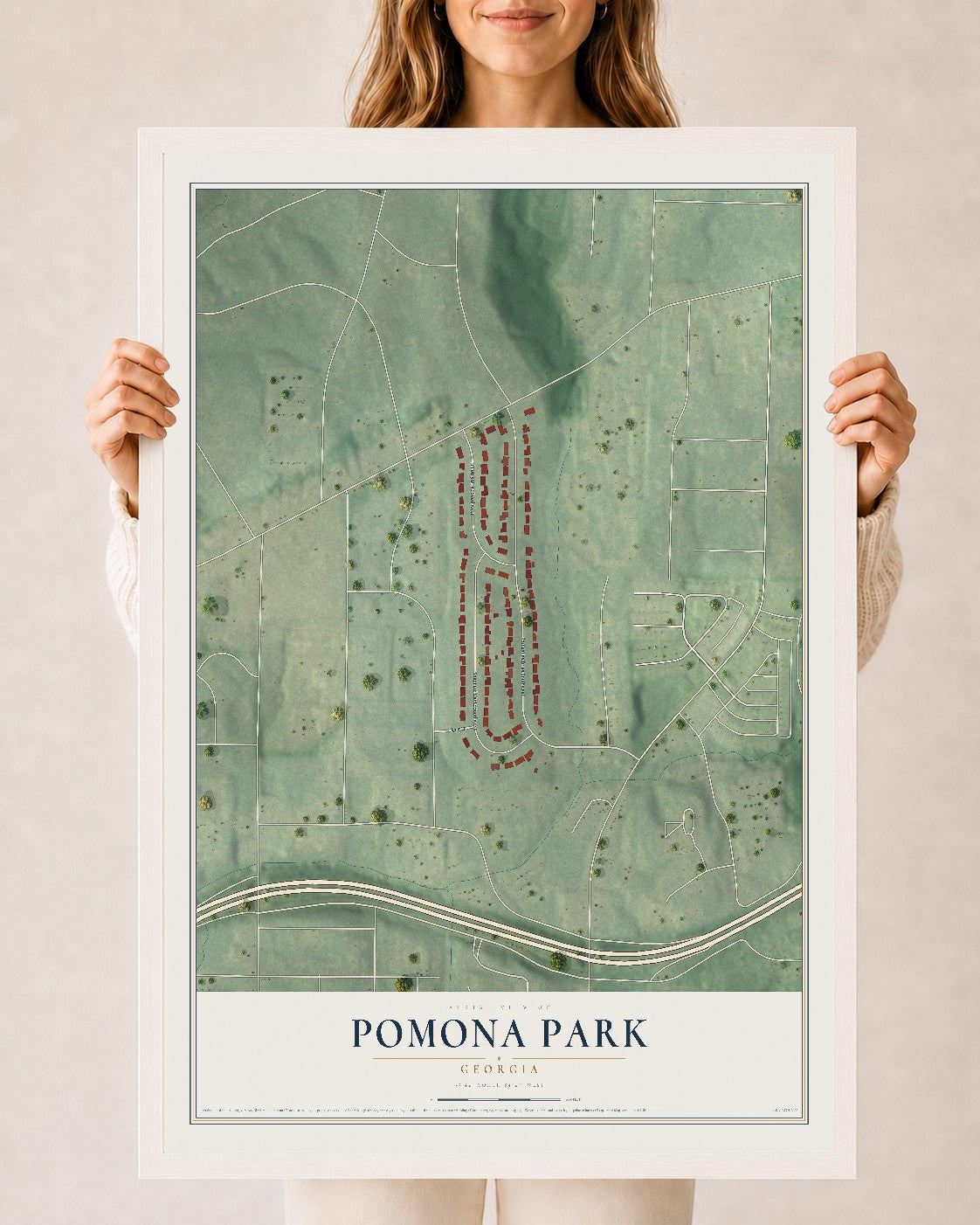 Pomona Park, Georgia map print, 24" x 36" W/ White Ayous Wood Frame mockup
