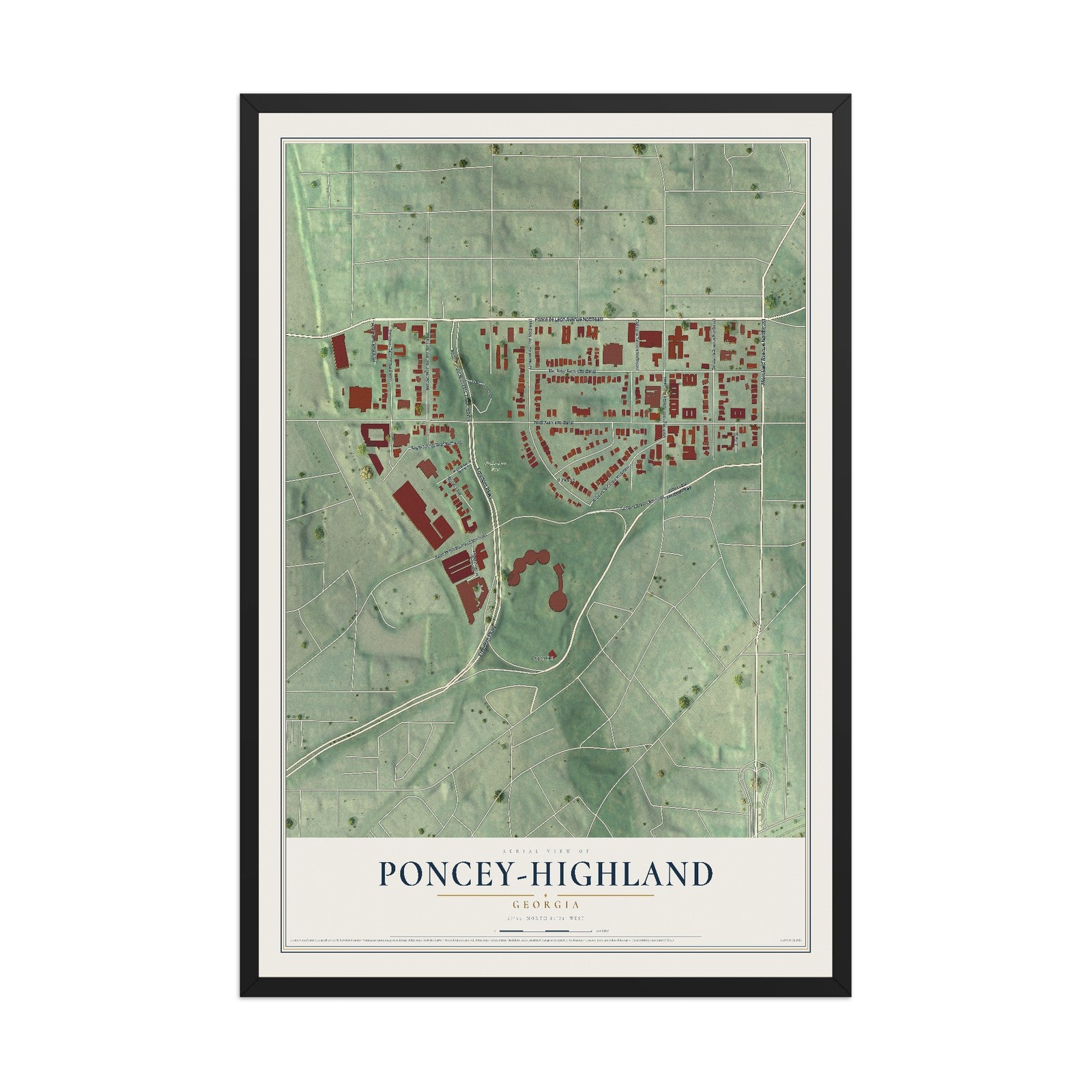 Poncey-Highland, Georgia map print, 12" x 18" W/ Black Ayous Wood Frame mockup