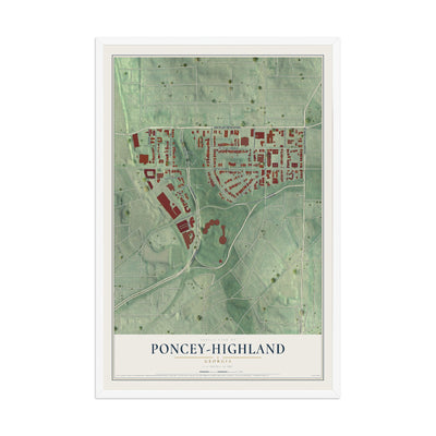 Poncey-Highland, Georgia map print, 12" x 18" W/ White Ayous Wood Frame mockup