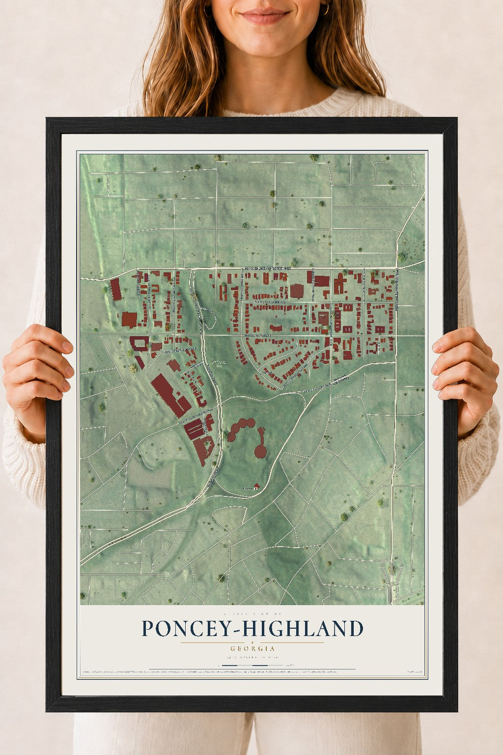 Poncey-Highland, Georgia map print, 18" x 24" W/ Black Ayous Wood Frame mockup