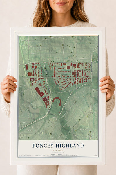 Poncey-Highland, Georgia map print, 18" x 24" W/ White Ayous Wood Frame mockup
