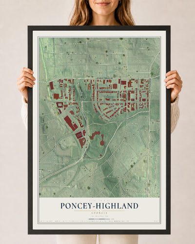 Poncey-Highland, Georgia map print, 24" x 36" W/ Black Ayous Wood Frame mockup
