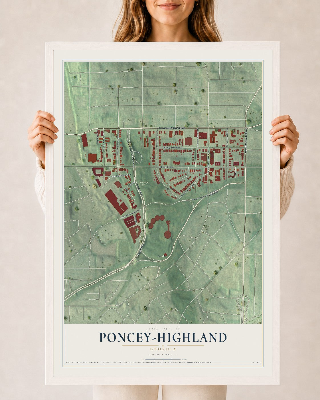 Poncey-Highland, Georgia map print, 24" x 36" W/ White Ayous Wood Frame mockup