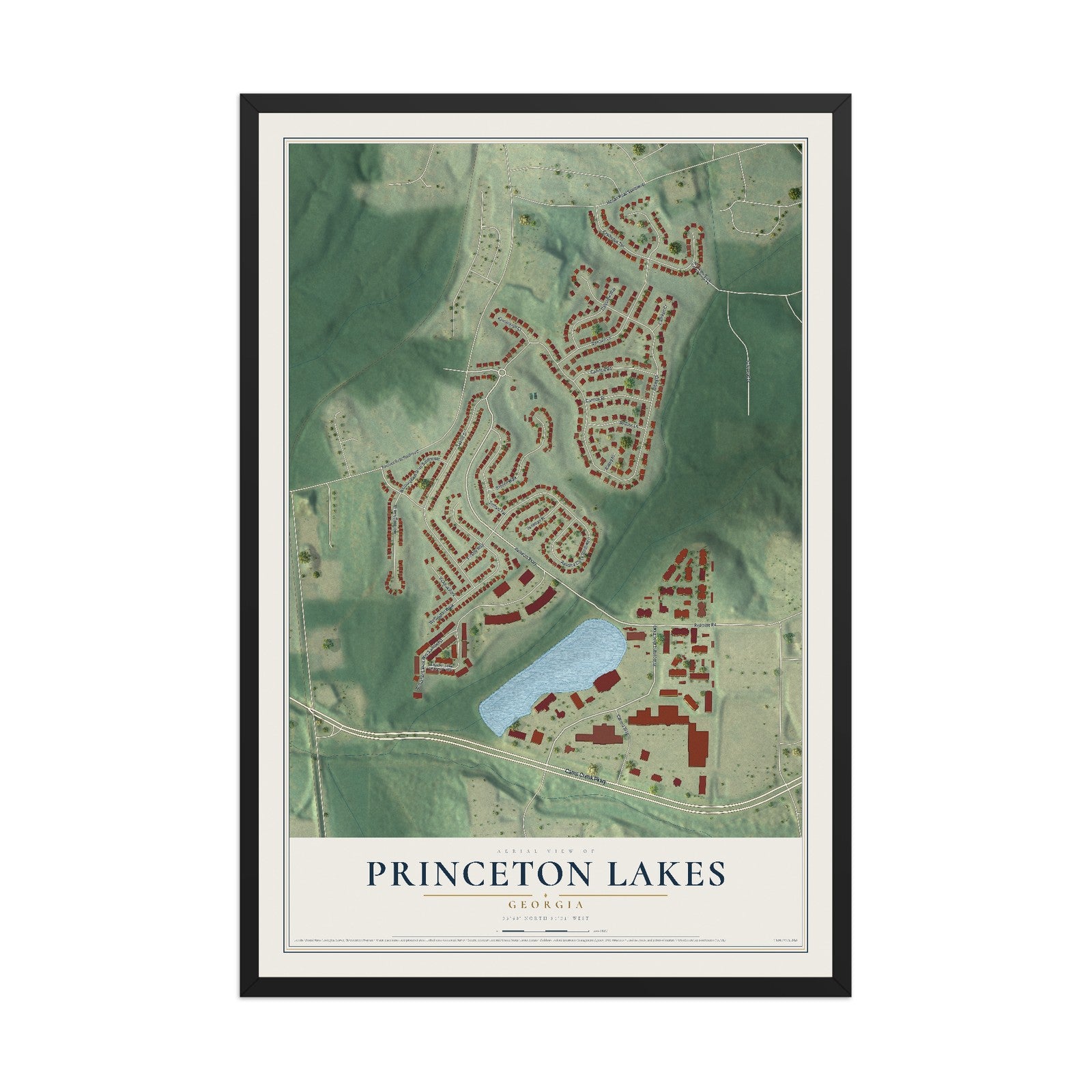 Princeton Lakes, Georgia map print, 12" x 18" W/ Black Ayous Wood Frame mockup