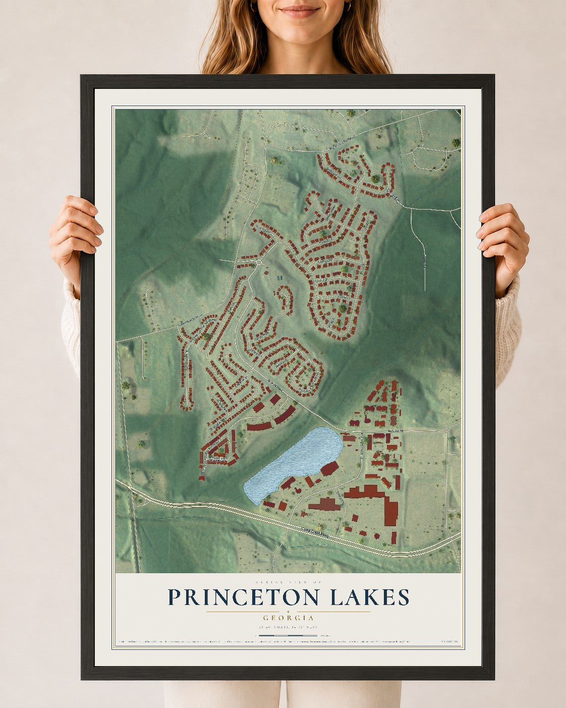 Princeton Lakes, Georgia map print, 24" x 36" W/ Black Ayous Wood Frame mockup