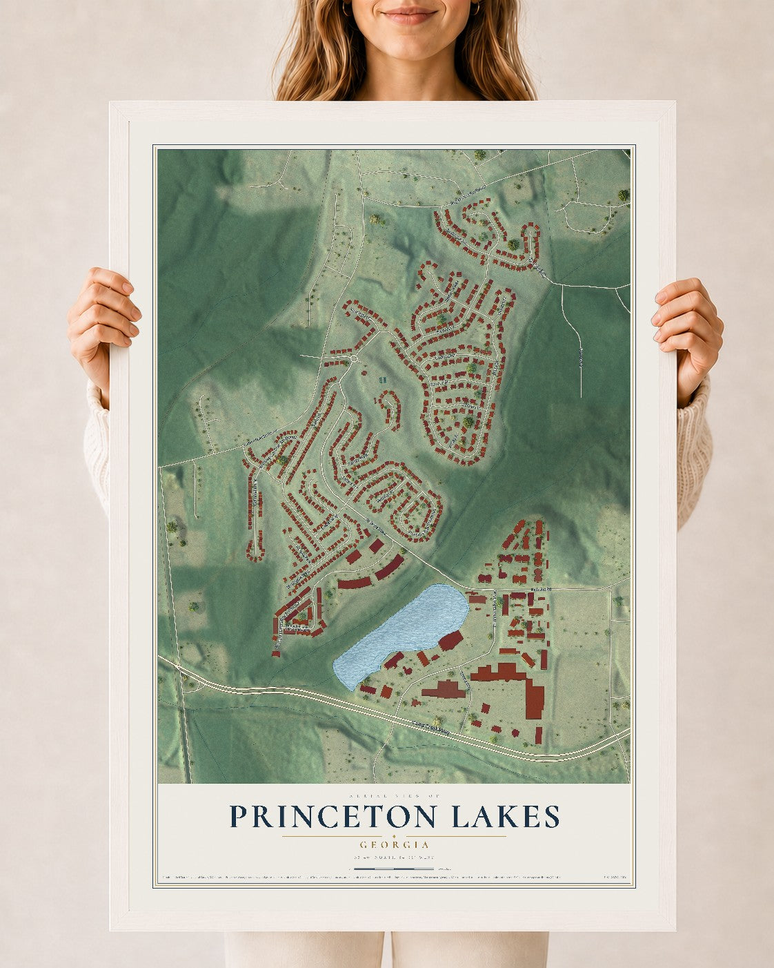 Princeton Lakes, Georgia map print, 24" x 36" W/ White Ayous Wood Frame mockup