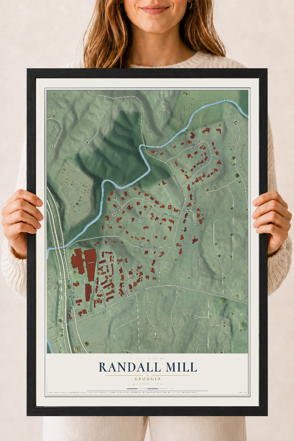 Randall Mill, Georgia map print, 18" x 24" W/ Black Ayous Wood Frame mockup