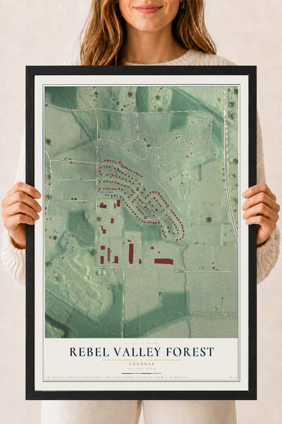 Rebel Valley Forest, Georgia map print, 18" x 24" W/ Black Ayous Wood Frame mockup