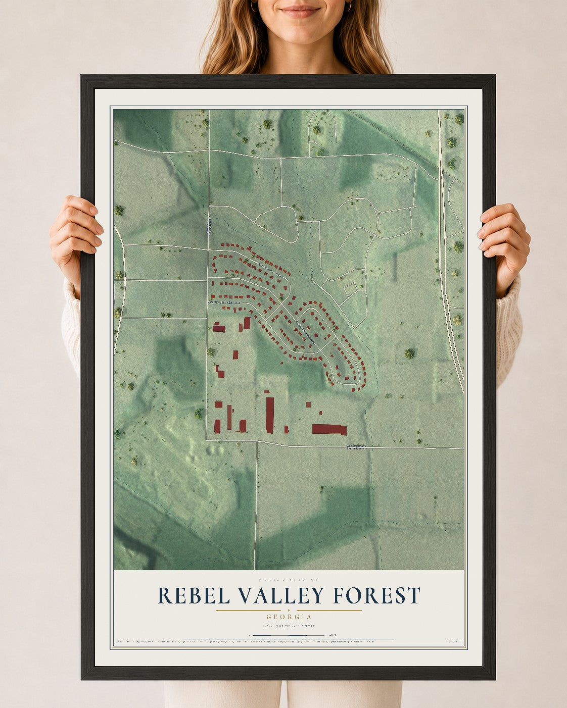 Rebel Valley Forest, Georgia map print, 24" x 36" W/ Black Ayous Wood Frame mockup