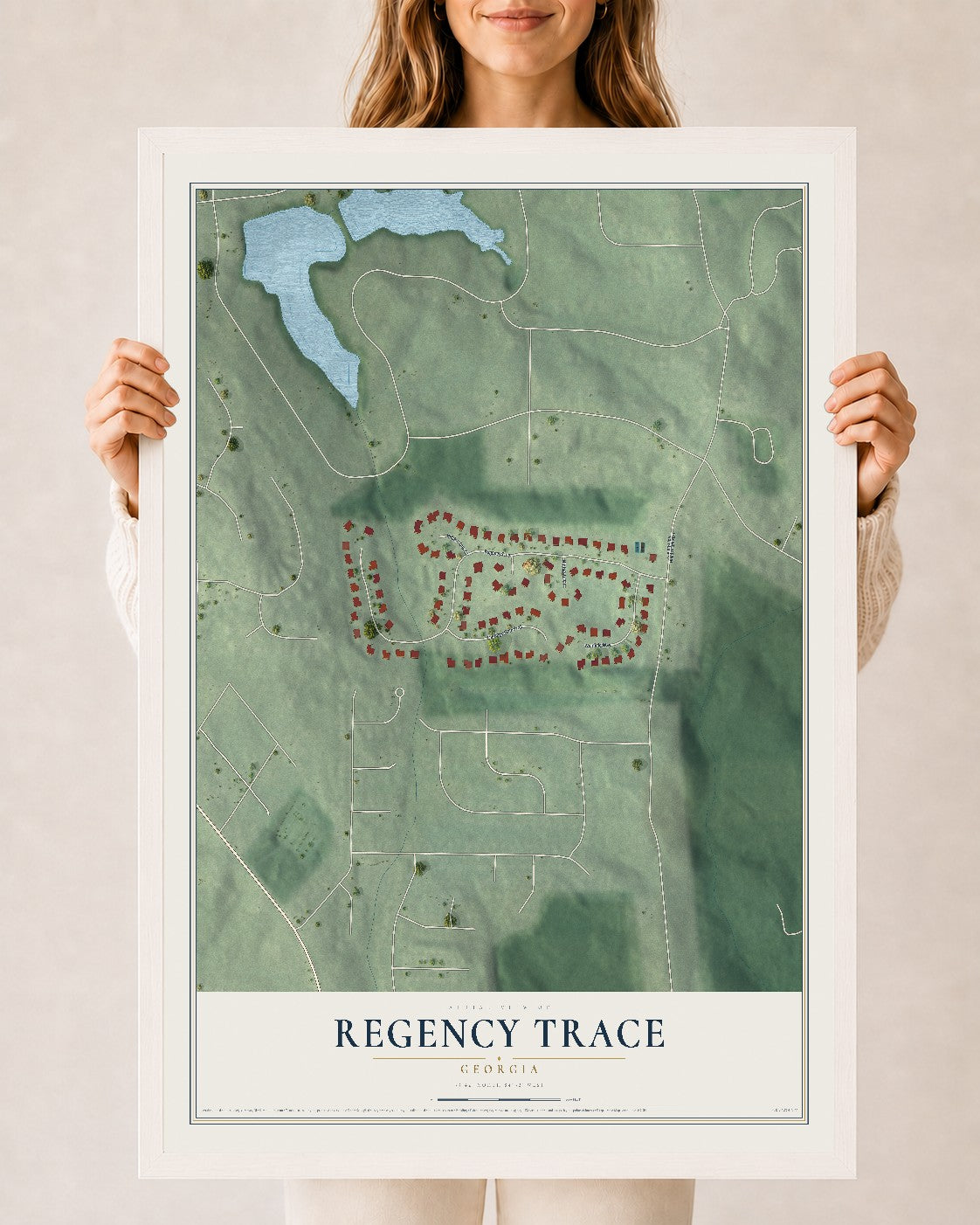 Regency Trace, Georgia map print, 24" x 36" W/ White Ayous Wood Frame mockup