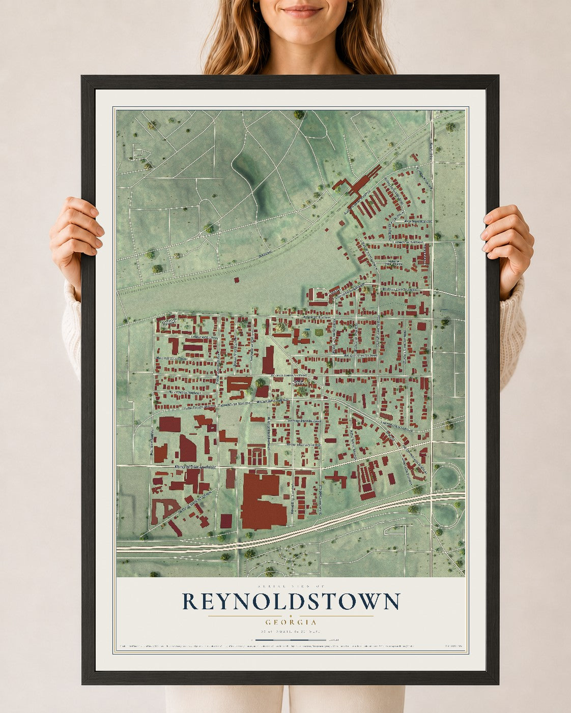 Reynoldstown, Georgia map print, 24" x 36" W/ Black Ayous Wood Frame mockup