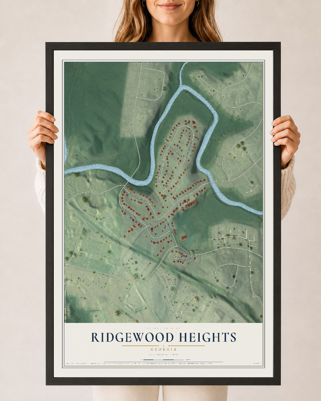 Ridgewood Heights, Georgia map print, 24" x 36" W/ Black Ayous Wood Frame mockup